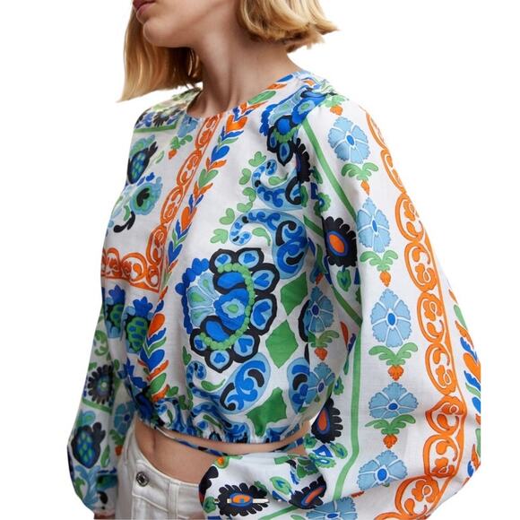 Mango Women's Printed Puff Sleeve Blouse Long Sleeve Top Size Medium - Picture 2 of 12